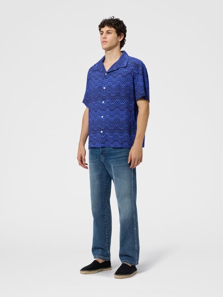 Bowling shirt with tone-on-tone irregular zig zag print, Blue - BS26SJ03BW011DS72Q9