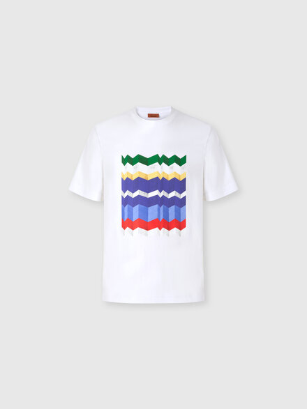 Crew-neck cotton T-shirt with macro zigzag print, White & Multicoloured - BS26SL00BJ00Q9S01KG