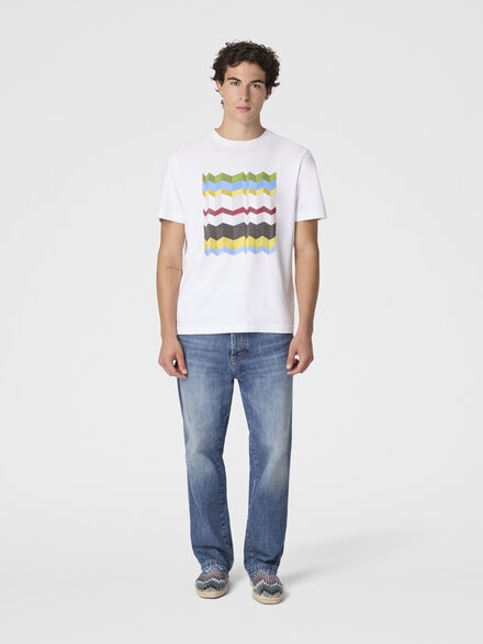 Crew-neck cotton T-shirt with macro zigzag print, White & Multicoloured - BS26SL00BJ00Q9S01KH