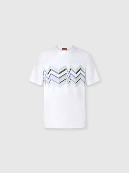 Crew-neck cotton T-shirt with irregular zigzag print, White & Blue - BS26SL00BJ00QPS01KI