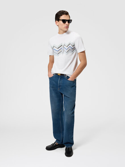 Crew-neck cotton T-shirt with irregular zigzag print, White & Blue - BS26SL00BJ00QPS01KI