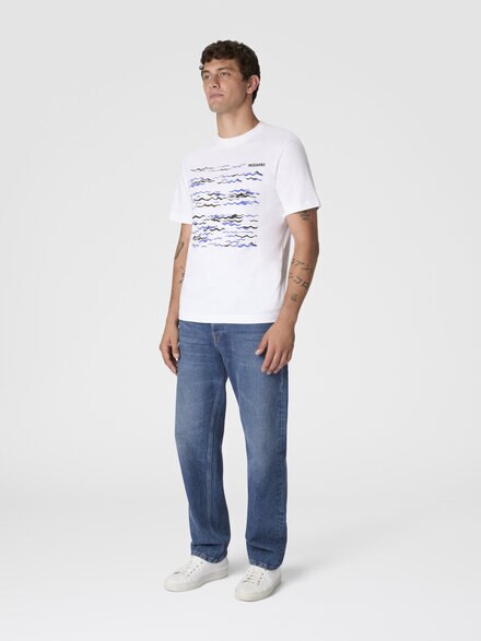 Crew-neck cotton T-shirt with wave print and logo, White & Blue  - BS26SL00BJ00QQS01KT