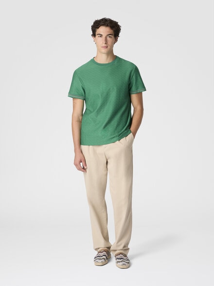 Crew-neck cotton jacquard T-shirt with tone-on-tone zigzag design, Green - BS26SL01BJ00QMS6164