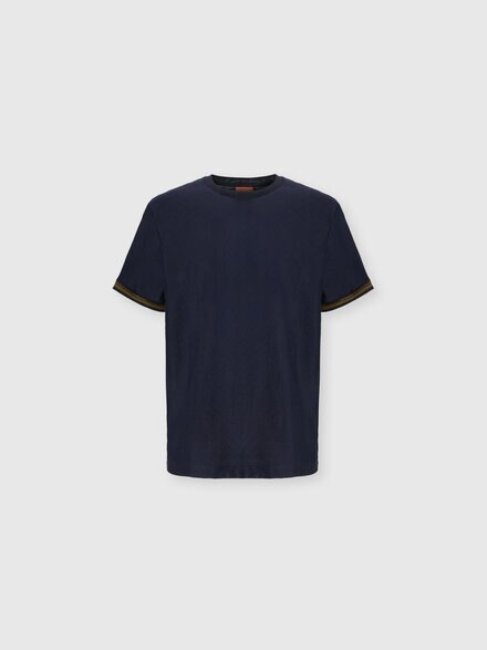 Crew-neck cotton jacquard T-shirt with tone-on-tone zigzag design, Blue - BS26SL01BJ00QMS72P4