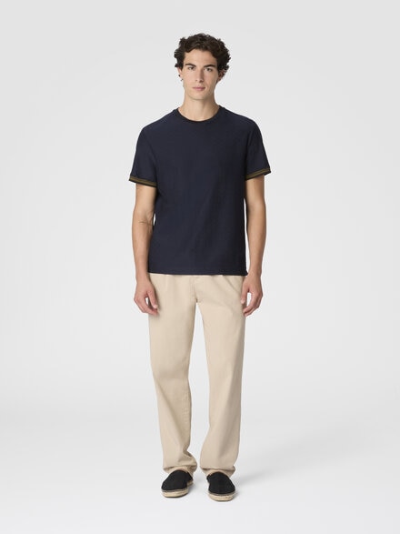 Crew-neck cotton jacquard T-shirt with tone-on-tone zigzag design, Blue - BS26SL01BJ00QMS72P4