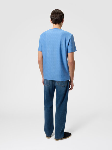 Crew-neck cotton jacquard T-shirt with tone-on-tone zigzag design, Light Blue - BS26SL01BJ00QMS72PA