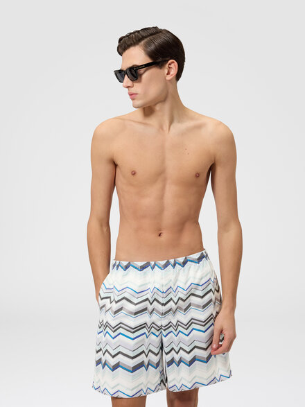 Long swim shorts with irregular zigzag print, Light Blue - BS26SP02BW00ZWS01KE