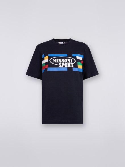 T-shirt girocollo in cotone con logo e piping a contrasto, Blu Navy  - DC23SL00BJ00EBS729F