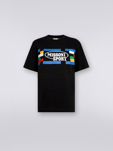 Baumwoll-T-Shirt mit Rundhalsausschnitt, Logo und kontrastierenden Paspeln, Schwarz & Mehrfarbig  - DC23SL00BJ00EBS91E4