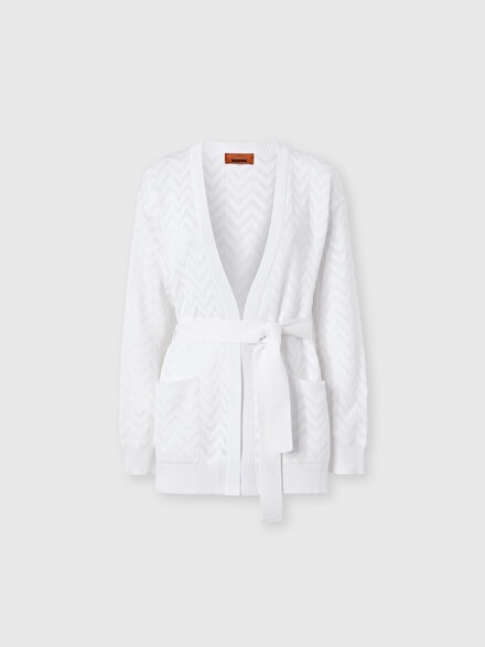 Chevron Cotton and Viscose Cardigan with Belt, White  - DC26SM01BK01H2S01KO