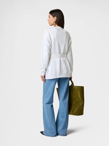Chevron Cotton and Viscose Cardigan with Belt, White  - DC26SM01BK01H2S01KO