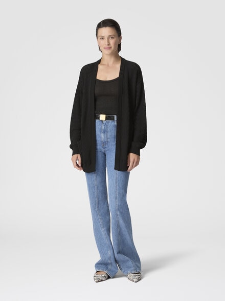 Cardigan aus Baumwolle und Viskose mit Fischgrätmuster und Gürtel, Schwarz - DC26SM01BK01H2S91RY