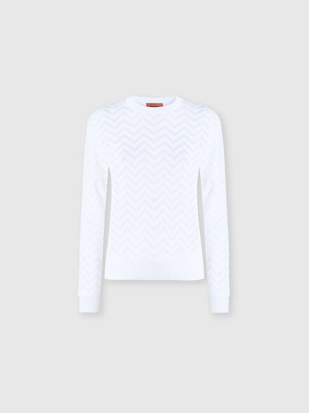 Pullover girocollo stretch in cotone e viscosa chevron, Bianco  - DC26SN00BK01H2S01KO
