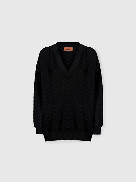 Pull &agrave; col en V en coton et viscose &agrave; motif chevron, Noir - DC26SN01BK01H2S91RY