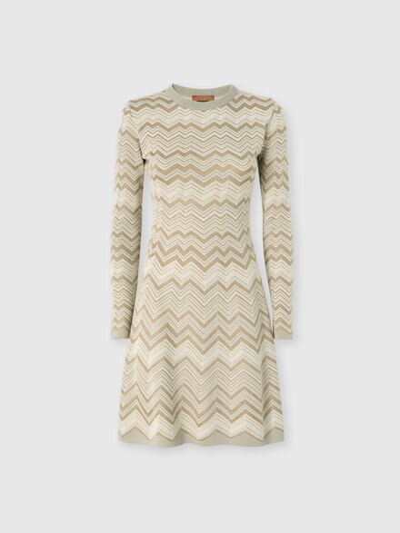 Robe &agrave; col rond en viscose et laine motif zig zag, Beige - DC26WG00BK01JZS01MS