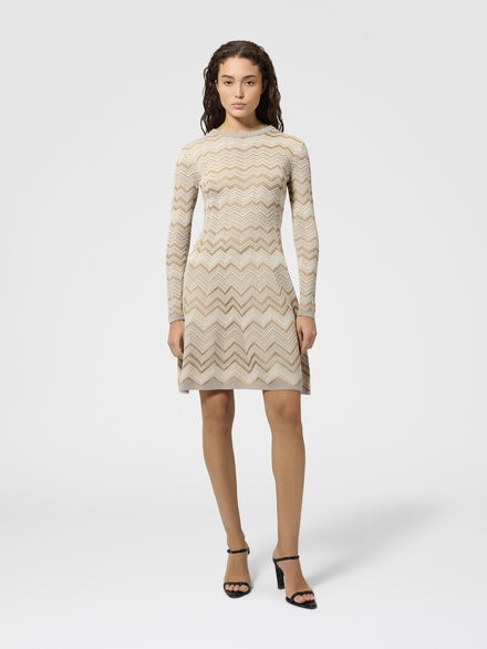 Robe &agrave; col rond en viscose et laine motif zig zag, Beige - DC26WG00BK01JZS01MS