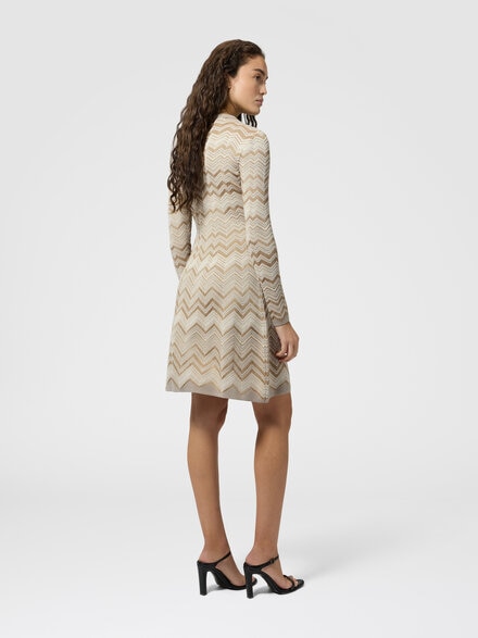 Robe &agrave; col rond en viscose et laine motif zig zag, Beige - DC26WG00BK01JZS01MS