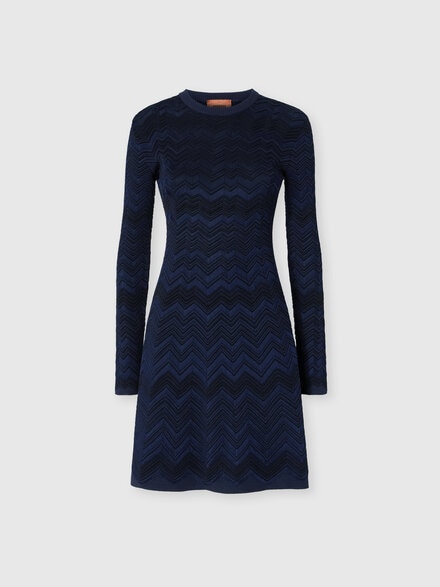 Robe &agrave; col rond en viscose et laine motif zig zag, Bleu Marine  - DC26WG00BK01JZS72R9