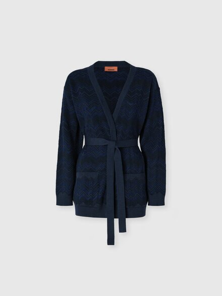 Cardigan aus Viskose und Wolle mit Zig Zag-Muster und G&uuml;rtel, Marineblau  - DC26WM00BK01JZS72R9