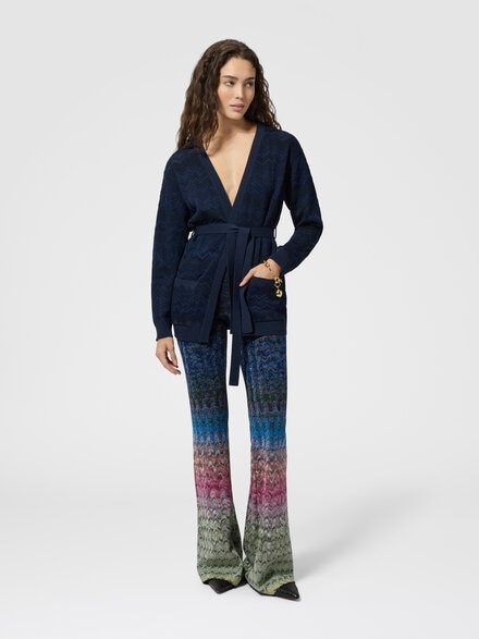 Cardigan aus Viskose und Wolle mit Zig Zag-Muster und G&uuml;rtel, Marineblau  - DC26WM00BK01JZS72R9