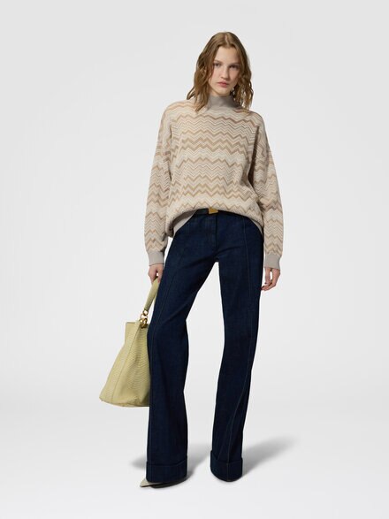 Maglia a collo alto in viscosa e lana zig zag, Beige - DC26WN00BK01JZS01MS