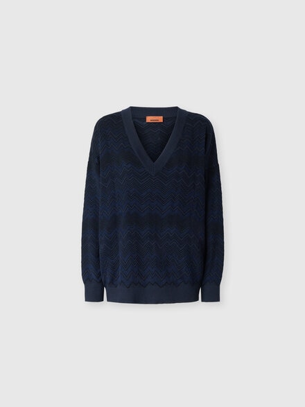 Pullover mit V-Ausschnitt aus Viskose und Wolle mit Zig Zag-Muster, Marineblau  - DC26WN01BK01JZS72R9