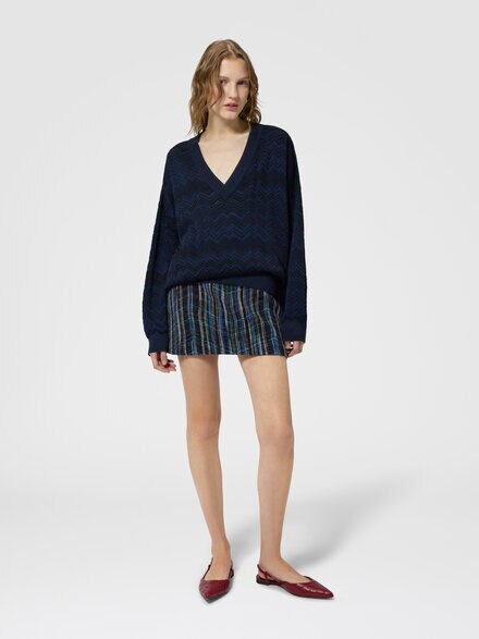 Pullover mit V-Ausschnitt aus Viskose und Wolle mit Zig Zag-Muster, Marineblau  - DC26WN01BK01JZS72R9