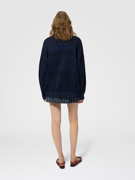 Pullover mit V-Ausschnitt aus Viskose und Wolle mit Zig Zag-Muster, Marineblau  - DC26WN01BK01JZS72R9