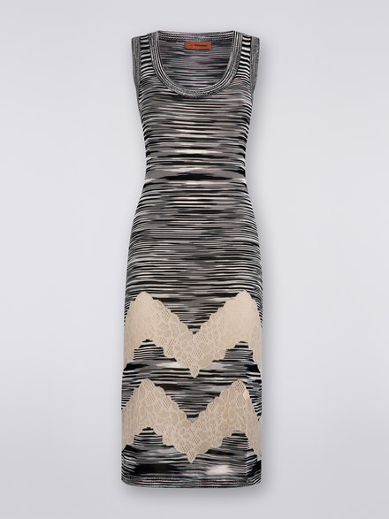 Slub viscose blend longuette dress with lace inserts, White, Black & Beige - DS23SG1PBK022CS91DY