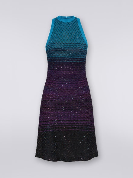 Sleeveless mesh dress with sequins, Turquoise, Purple & Black - DS23SG28BK022ISM8NJ