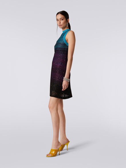 Sleeveless mesh dress with sequins, Turquoise, Purple & Black - DS23SG28BK022ISM8NJ