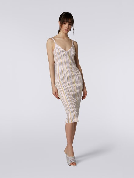 Striped fitted dress with sequins, White & Multicoloured   - DS23SG2CBK023QS0178