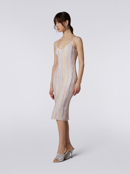 Striped fitted dress with sequins, White & Multicoloured   - DS23SG2CBK023QS0178