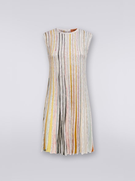 Pleated sleeveless mini-dress with sequins, White & Multicoloured   - DS23SG2FBK023RS0178