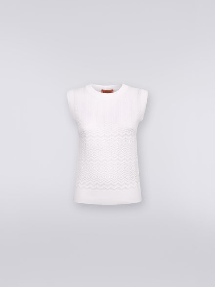 Top sans manches en coton et viscose avec zigzags ton sur ton, Blanc  - DS23SK2LBK023Y14001