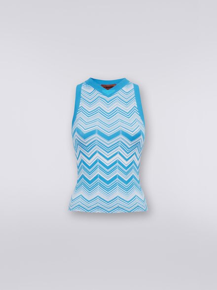 Viscose blend sleeveless top, Light Blue & White - DS23SK39BK025WS72AZ