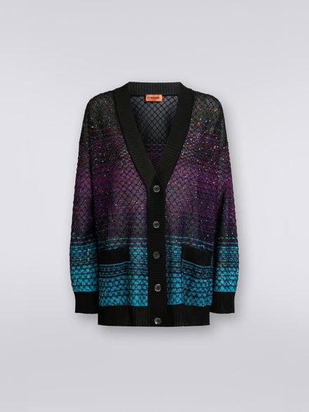 Cardigan oversize en filet avec paillettes, Turquoise, Violet & Noir - DS23SM0ZBK022ISM8NJ