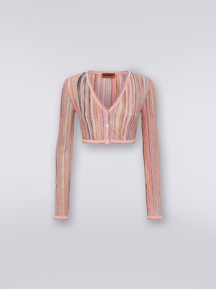 Ribbed knit crop cardigan with sequins, Pink & Multicoloured - DS23SM11BK021NS30B0