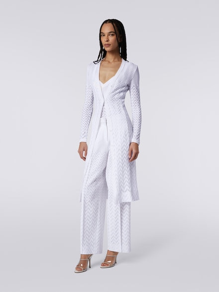 Long cotton and viscose cardigan with tone-on-tone chevron, White  - DS23SM1TBR00JE14001