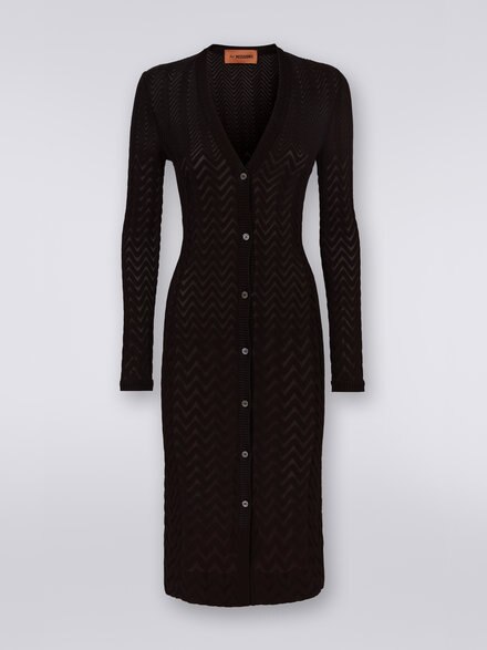 Long cotton and viscose cardigan with tone-on-tone chevron, Black    - DS23SM1TBR00JE93911