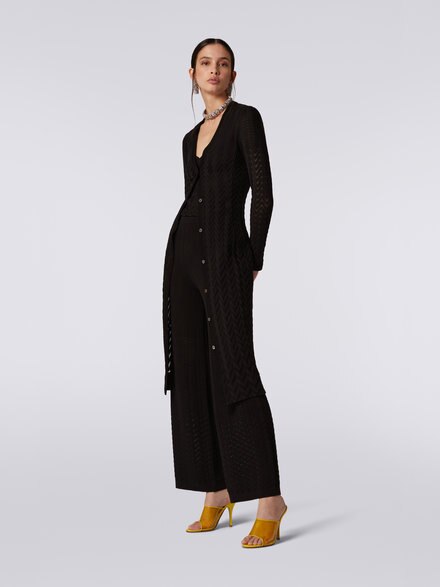 Long cotton and viscose cardigan with tone-on-tone chevron, Black    - DS23SM1TBR00JE93911