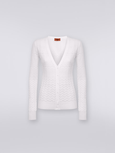 Cotton and viscose cardigan with tone-on-tone zigzag, White  - DS23SM25BK023Y14001
