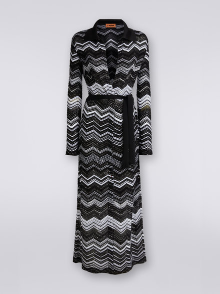 Long cardigan en coton mélangé à chevrons avec paillettes, Noir & Blanc - DS23SM2KBK026BS91FX