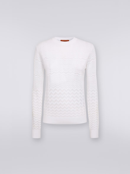 Cotton and viscose crew-neck jumper with tone-on-tone zigzag, White  - DS23SN1IBK023Y14001