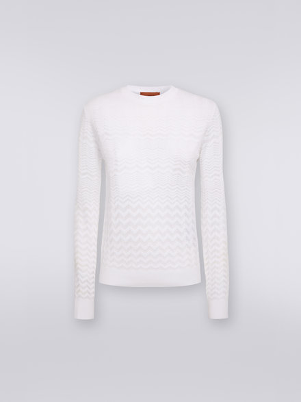 Maglione girocollo in cotone e viscosa con zig zag tono su tono, Bianco  - DS23SN1IBK023Y14001