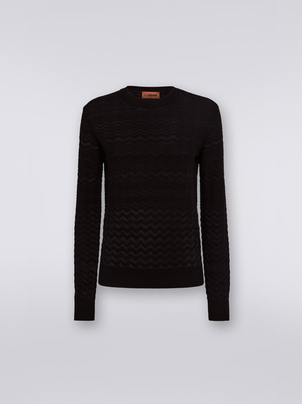 Cotton and viscose crew-neck jumper with tone-on-tone zigzag, Black    - DS23SN1IBK023Y93911