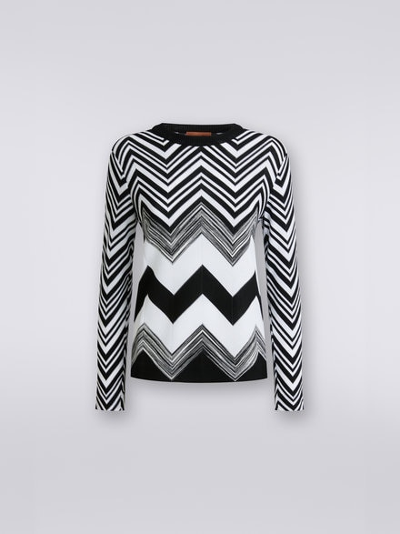 Crew-neck sweater in zigzag cotton blend, Black & White - DS23SN1TBC002YF9001
