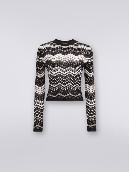 Viscose chevron crew-neck jumper with sequins, Black & White - DS23SN1WBK026BS91FX