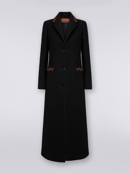Manteau long en laine mélangée avec empiècements zig zag, Noir    - DS23WC0ZBW00OY93911