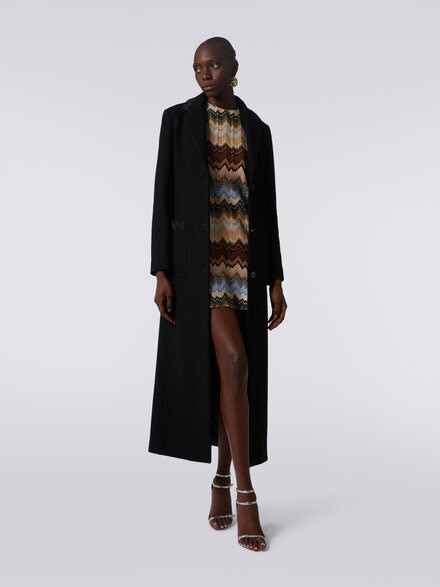 Manteau long en laine mélangée avec empiècements zig zag, Noir    - DS23WC0ZBW00OY93911